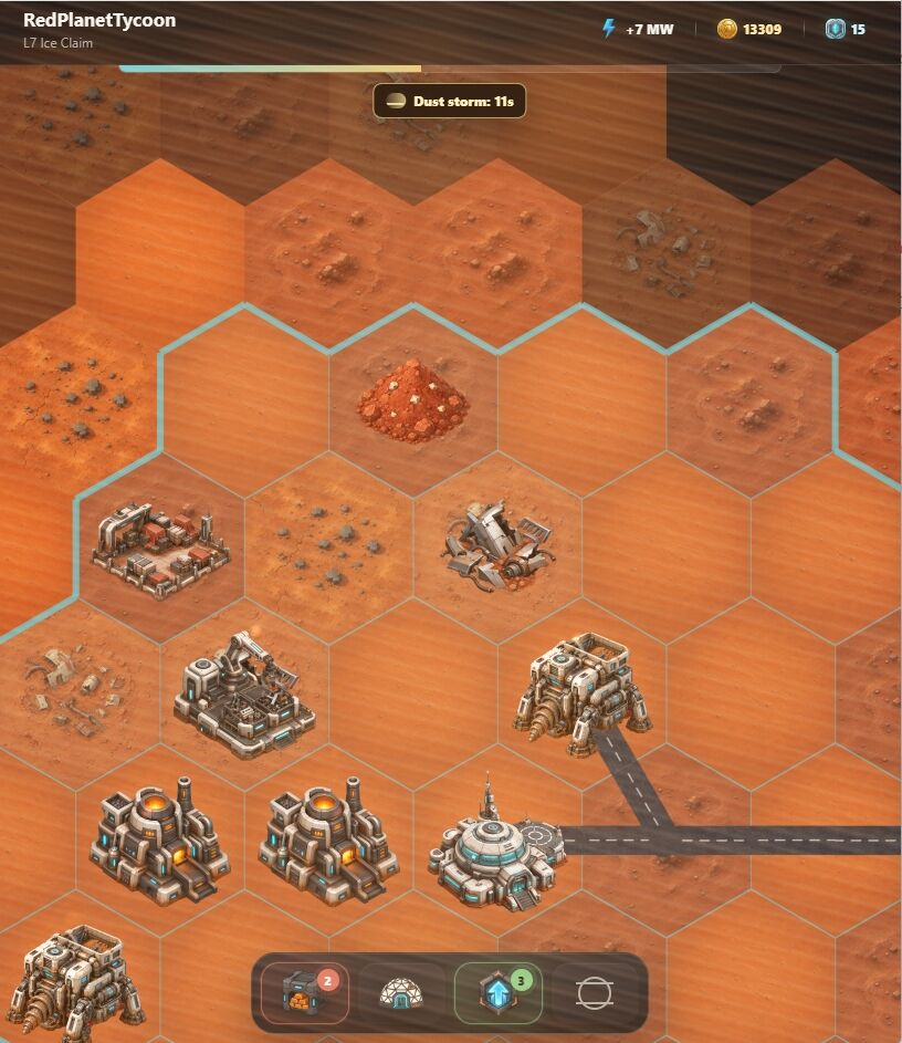 A red dust storm crossing exposed colony buildings