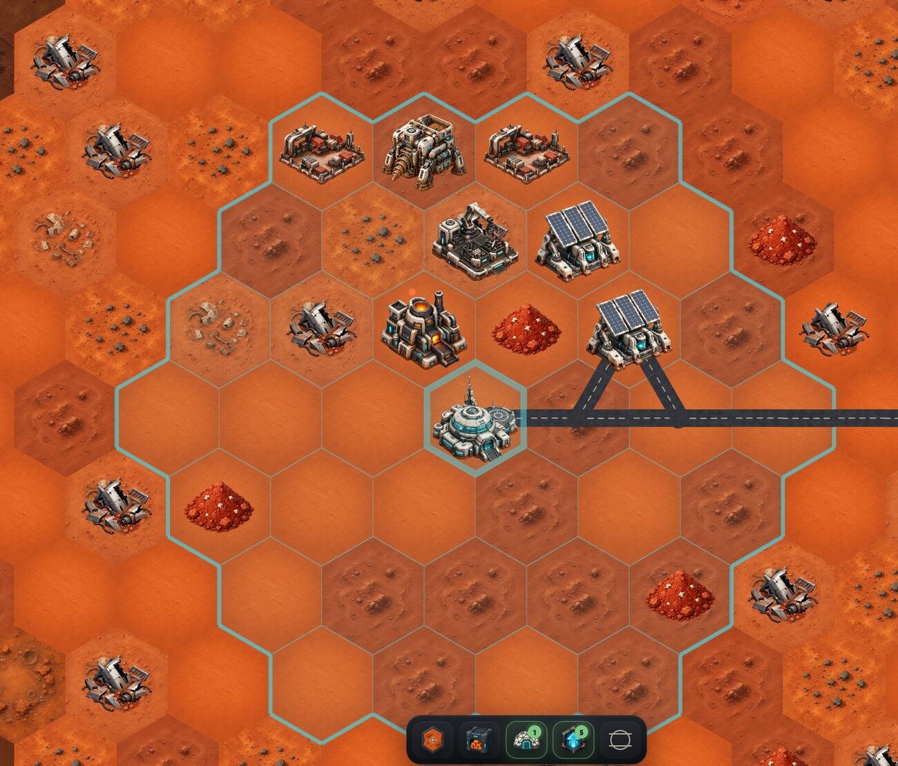 Early Red Planet Tycoon screenshot showing a hex-based Martian terrain map