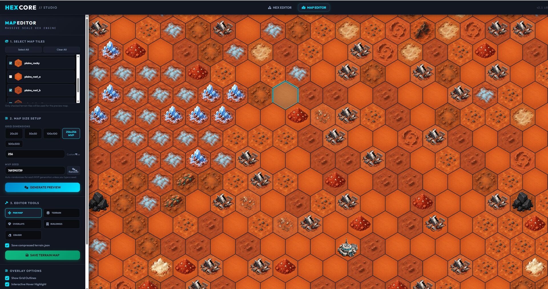 Early Red Planet Tycoon map editor showing generated Mars terrain on a hex grid