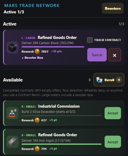 The Mission Control contract board in Red Planet Tycoon, listing active contracts with their sizes, delivery targets and rewards