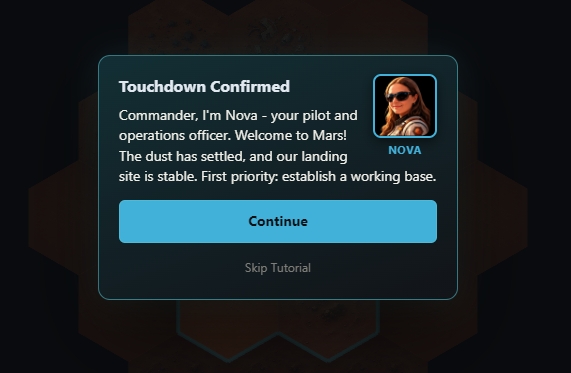 Red Planet Tycoon screenshot showing Nova guiding the player through the tutorial