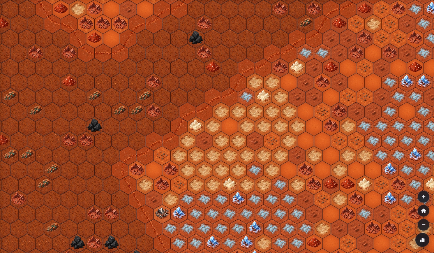 A developed Red Planet Tycoon colony spreading across varied hex terrain